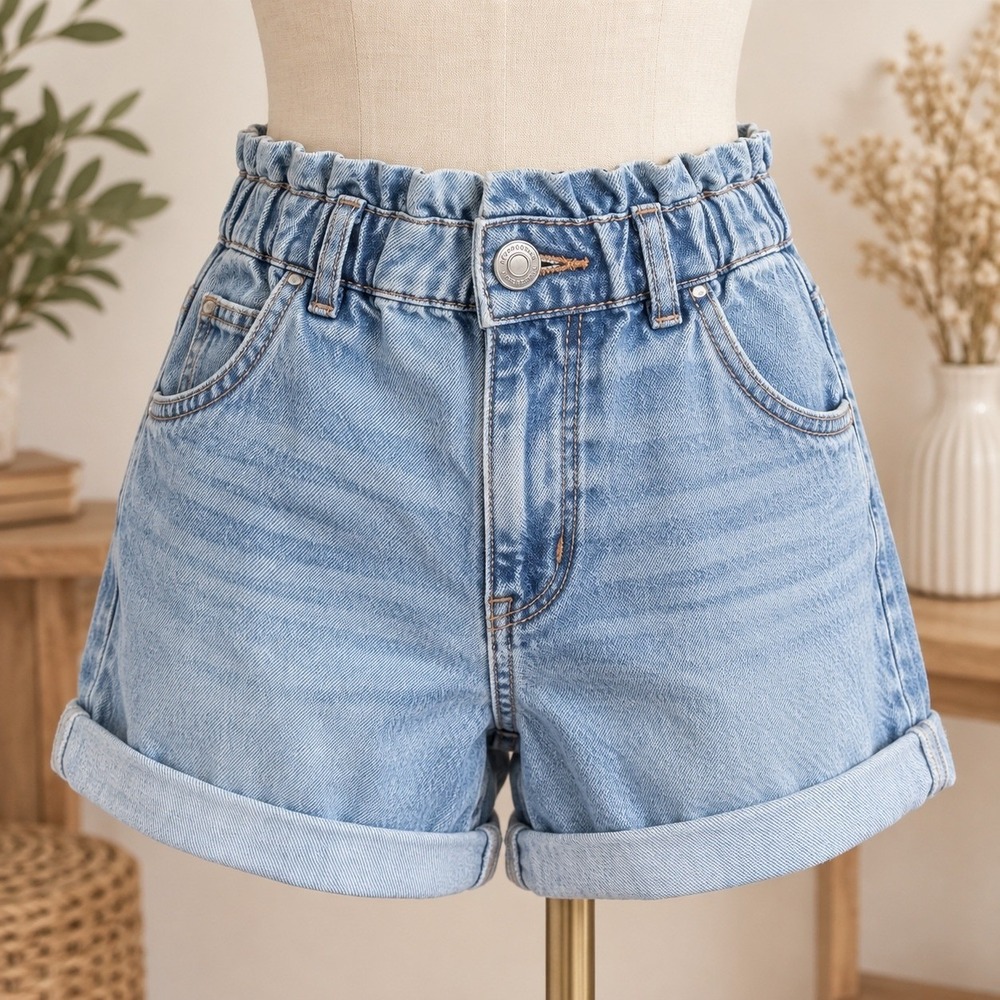 Aeropostale Mom Shorts Light Wash Blue Denim Paperbag Waist Size 6 Cotton Hemp